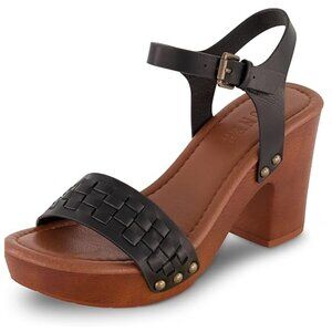 Dunes Women's Black Sealy Faux Wood Woven Heel Comfort Foam Sandal Size 9  NWOB